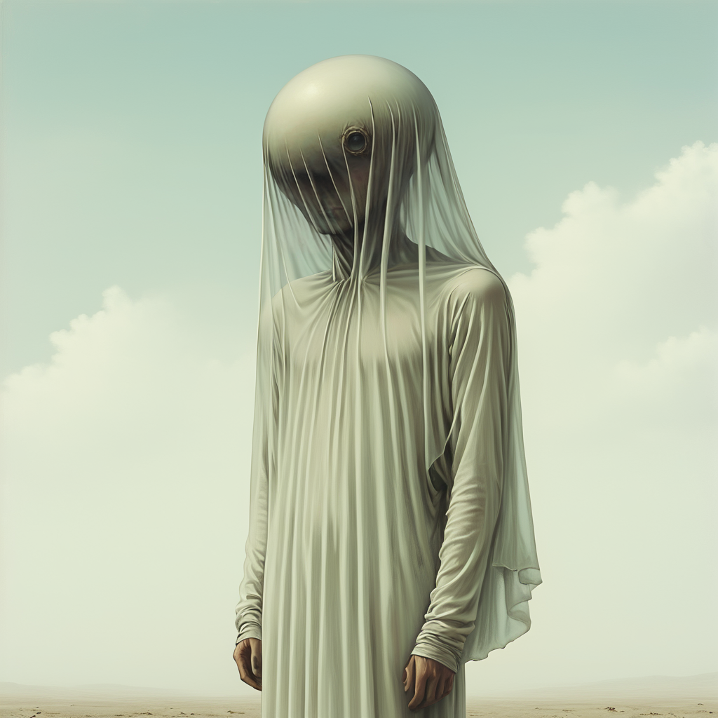 <lora:Dreamlike_surrealist_paintingSDXL:1> ArsMJStyle, Dreamlike surrealist painting, The image is a digital painting of a person standing in a barren landscape. The person is wearing a long flowing white robe that covers their head and shoulders. The robe is draped over their body covering their face and head. The background is a pale blue sky with white clouds scattered across it. The ground is barren and barren with no vegetation or vegetation visible. The overall mood of the image is somber and desolate., solo, sky, desert, outdoors, veil, day, cloud, see-through, male focus, 1boy