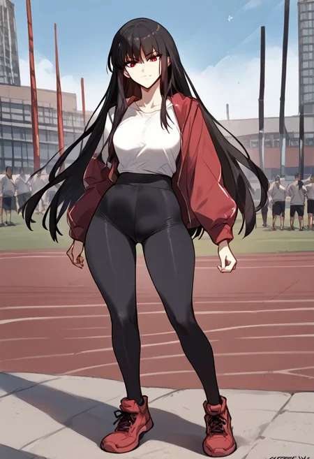 zPDXL3, score_9_up, score_8_up, score_7_up, (Anime_source), Sport camp background, score_9, score_8_up, score_7_up, score_6_up, source_anime, 1girl, solo, <lora:ainanasaki-pdxl-nvwls-v1-000005:1> 1girl, Feng Ling, red eyes, black hair, long hair, medium breast, looking at viewer, cowboy shot, toned, looking at you, portrait, white shirt, prostetic left arm, tights red sport shorts, sneakers, looking at viewer, outdoor, solo, full body, standing, dynamic pose,