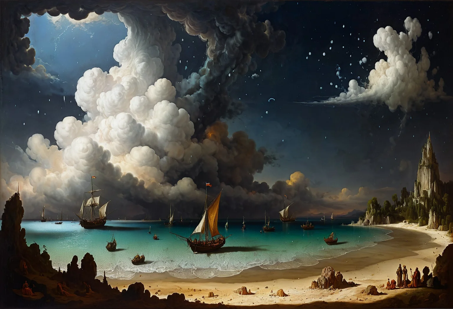 legendary landscape, beach, ocean, (cumulonimbus clouds:1.3), islands, sailboats  <lora:add-detail-xl:0.7> <lora:xl_more_art-full_v1:0.7>  <lora:sdxl/nicola_samori_dark_art_style:0.7> in the style of Nicola Samori