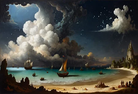 legendary landscape, beach, ocean, (cumulonimbus clouds:1.3), islands, sailboats <lora:add-detail-xl:0.7> <lora:xl_more_art-full_v1:0.7> <lora:sdxl/nicola_samori_dark_art_style:0.7> in the style of Nicola Samori