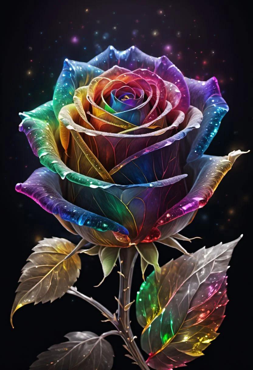 a crystal rainbow rose, dark background