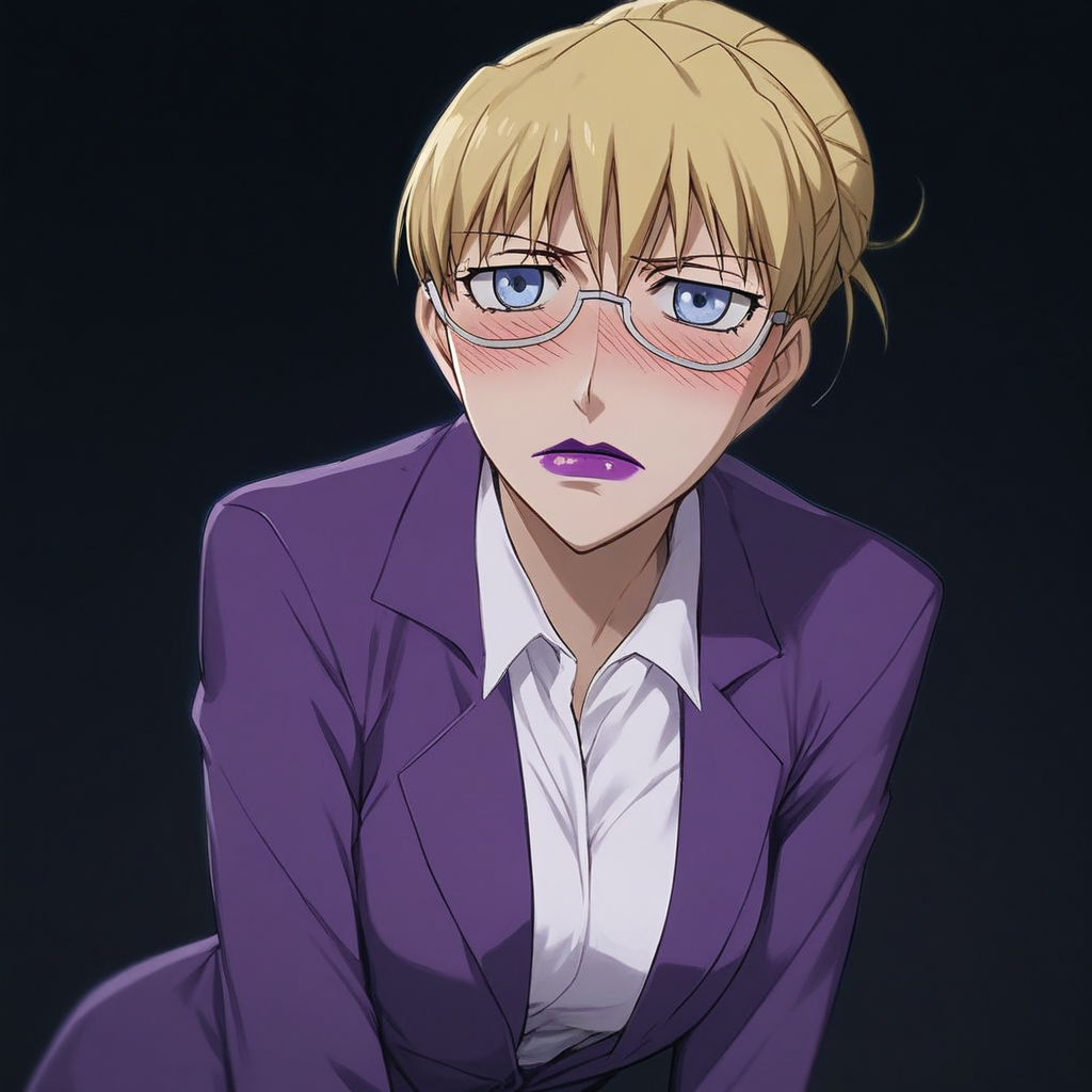 score_9, score_8_up, score_7_up, source_anime, expressive, anime, Artist speedlines, dynamic, D4RK3RTH4NBL4CK, BR1T4, 1woman, (brita_(darker_than_black):1.2), blonde_hair, blue eyes, purple_lips, glasses, business_attire, serious_expression, anime_girl, purple_jacket, white_shirt, tied_hair, female, looking at viewer, facing viewer, bare_legs, high_heels, blush, blushing, embarrassed, dark background, Artist style:komori_takahiro