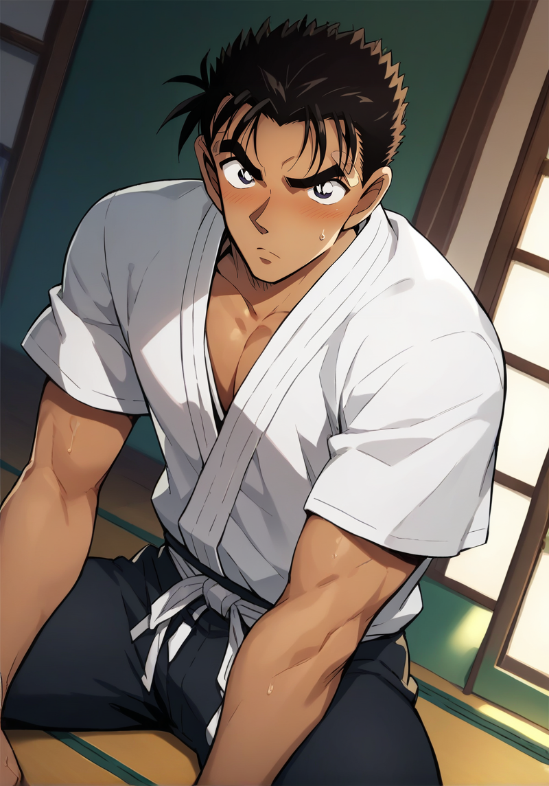 score_9,score_8_up,score_7_up,source_anime,1boy,kyogoku_makoto,male focus,solo,black hair,dark skin,dark-skinned male,thick eyebrows,black eyes,short hair,,sitting,blush,,taekwondo clothing,<lora:Kyogoku_Makoto:0.9>,<lora:Smooth Anime 2 Style SDXL_LoRA_Pony Diffusion V6 XL:0.8>
