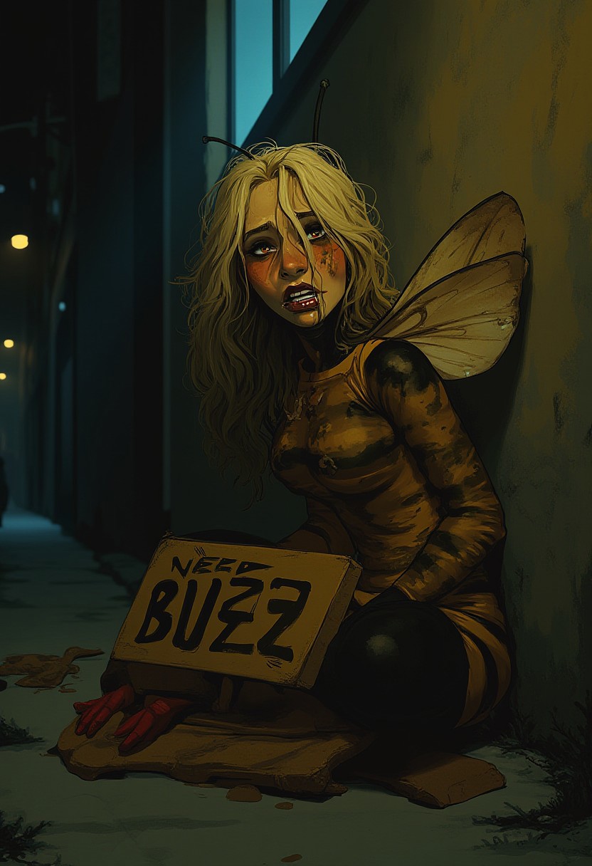 japanase anime style a homeless woman in a torn bee costume, dirty blonde hair and smeared makeup, looks scared, crying, dark night alleyway at night, cinematic lighting, sitting against a wall. She is holding a cardboard sign that reads, "need buzz"