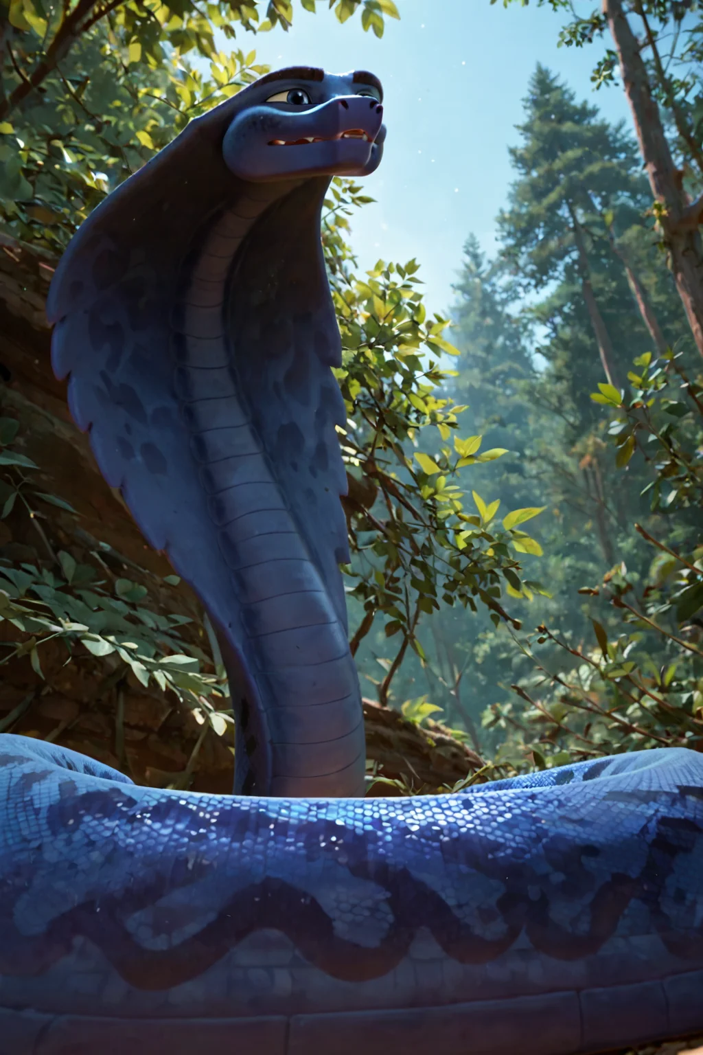 score_9, score_8_up, score_7_up, score_6_up, low angle, Snake, reptile, blue and dark blue scales, male, blue eye, forest background, <lora:Ajar_Sahara_2017_PonyXL:1>