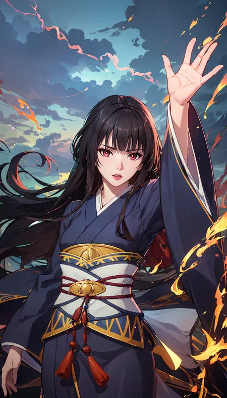 photorealistic, (4k), depth of field, (Masterpiece), (realistic skin texture), extremely detailed, intricate, hyper detailed, professional photography, bokeh, high resolution, sharp detail, best quality, woman, red eyes, long hair, black hair, straight hair, (purple kimono) , <lora:GoodHands-beta2:1> , <lora:detail_slider_v4:0.8> , dynamic pose, (twirling pose), <lora:Glass-000004:0.8> , outdoors, colorful sky, storm clouds, hair down,