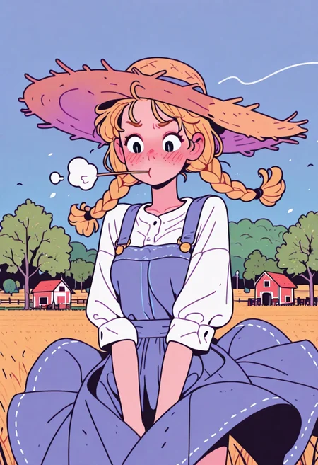 flat_colors, Flatline, Flat vector illustration,
dynamic pose,

1girl, solo,
farm girl, straw hat, straw in mouth,
freckles,
blonde hair, braids, twintail braids,
wind blowing skirt up,
blushing, embarrassed,
hands on skirt, fix skirt,

grain fields,
outside, field, trees,
farm,
incoth, (incase:0.6), artist:moriimee,