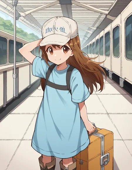 score_9, score_8_up, score_7_up, source_anime, <lora:platelet-s1-ponyxl-lora-nochekaiser:1>, platelet, long hair, brown hair, brown eyes,, shirt, hat, short sleeves, boots, white headwear, blue shirt, flat cap,, train station, waiting for train, suitcase, traveling, commute, city skyline, hands behind back,, smile, looking at viewer, hand behind head, solo,, cowboy shot, dutch angle