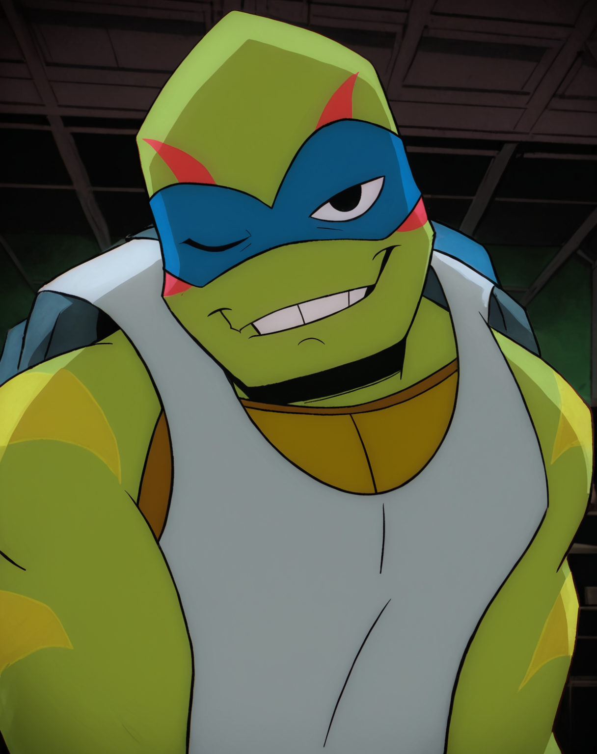 score_9, score_8_up, score_7_up, smooth lines, countershading, soft shading, 2d, extreme detail, 4K, high definition, high resolution,  <lora:rottmnt8:0.8>, 1boy, solo, Leo, green skin, turtle, mask, white sleeveless shirt, suggestive, confident, seductive, looking at viewer, upper body, wink, indoors,