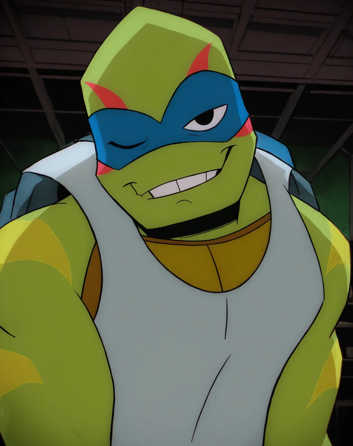 score_9, score_8_up, score_7_up, smooth lines, countershading, soft shading, 2d, extreme detail, 4K, high definition, high resolution, <lora:rottmnt8:0.8>, 1boy, solo, Leo, green skin, turtle, mask, white sleeveless shirt, suggestive, confident, seductive, looking at viewer, upper body, wink, indoors,