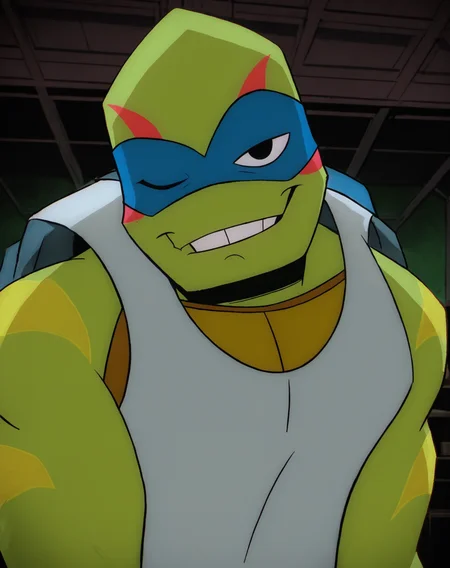 score_9, score_8_up, score_7_up, smooth lines, countershading, soft shading, 2d, extreme detail, 4K, high definition, high resolution, <lora:rottmnt8:0.8>, 1boy, solo, Leo, green skin, turtle, mask, white sleeveless shirt, suggestive, confident, seductive, looking at viewer, upper body, wink, indoors,