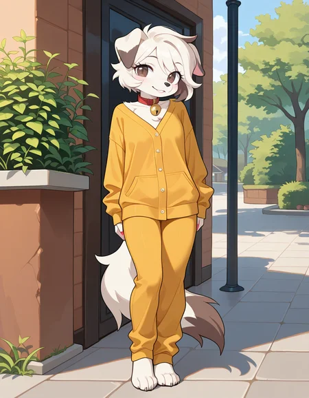 masterpiece, best quality, very aesthetic, absurdres,
outdoors, casual,
full body, standing, posing,
seductive smile, parted lips, long eyelashes,
<lora:Infi_v01_NAIXL:1>,
1nf1,1girl,solo,furry,furry female,dog girl,dog ears,short hair,white hair,brown eyes,snout,animal nose,collar,neck bell,body fur,white fur,dog tail,