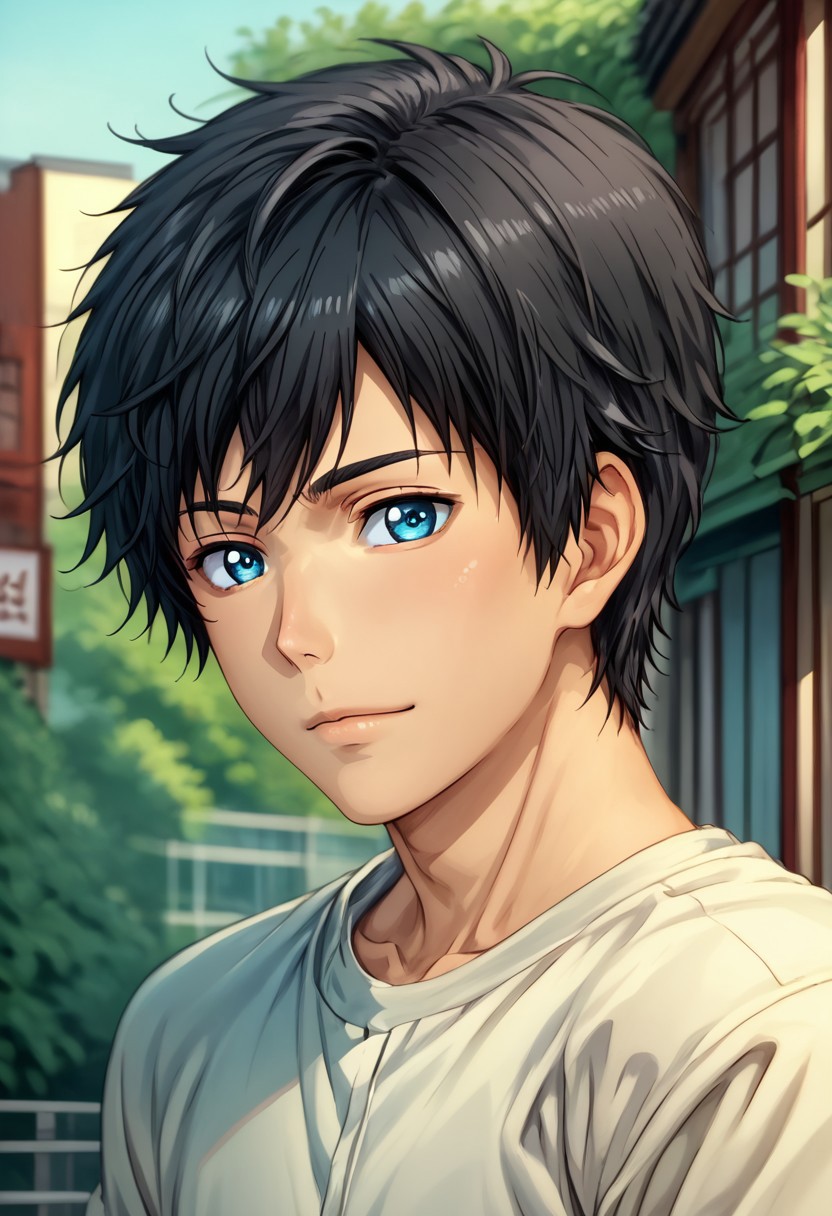 high resolution, solo, best quality, 1Boy, Arata Kaziaki, Black Hair, Blue Eyes, portraits, proud, outdoor, Half Body, Depth Of Field,