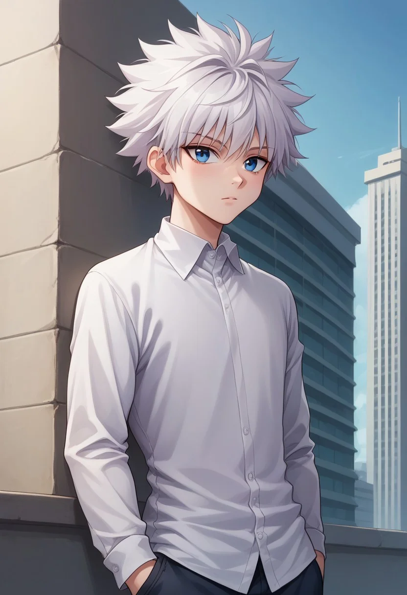 score_9, score_8_up, score_7_up, source_anime, highly detailed,
killuazoldick, 1boy, male focus, solo, white hair, shorts, layered sleeves, blue eyes, shirt,
short over long sleeves, long sleeves, sweater,
purple sweater, collared shirt, white shirt, upper body
outdoor, sky, buildings,
