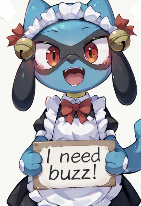 riolu, clothed pokemon, maid, maid headdress, maid apron, white apron, black dress, short sleeves, jingle bell, red bow, bowtie,
masterpiece,best quality,amazing quality, newest, very awa,
^_^ eyes, happy, open mouth, teeth, masterpiece, best quality, amazing quality, 8k, face focus, face only, looking at viewer, holding sign with text "need buzz", buzz