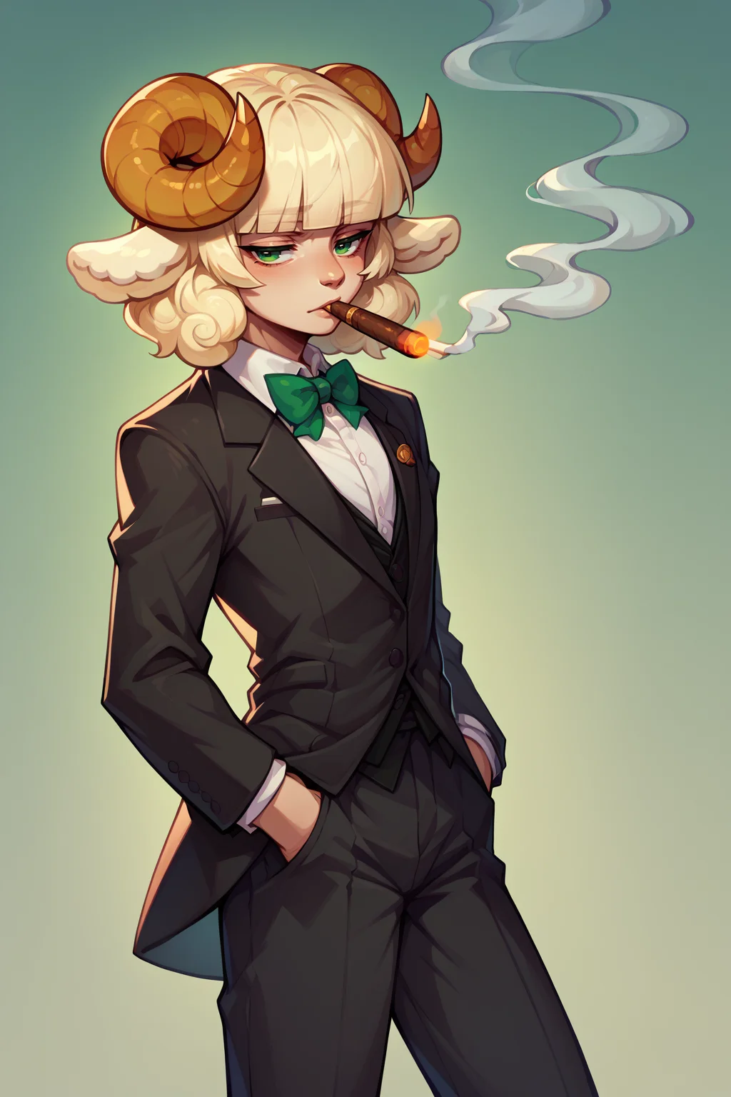score_9, score_8_up, score_7_up, 1girl, solo, <lora:NSWeresheepMGE:1> NSWeresheepMGE, green eyes, medium hair, blunt bangs, sheep horns, sheep ears, smoking cigar, bowtie, suit, formal, crossdressing, hands in pockets, beard