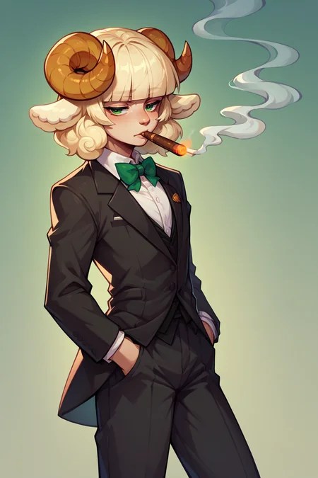 score_9, score_8_up, score_7_up, 1girl, solo, <lora:NSWeresheepMGE:1> NSWeresheepMGE, green eyes, medium hair, blunt bangs, sheep horns, sheep ears, smoking cigar, bowtie, suit, formal, crossdressing, hands in pockets, beard