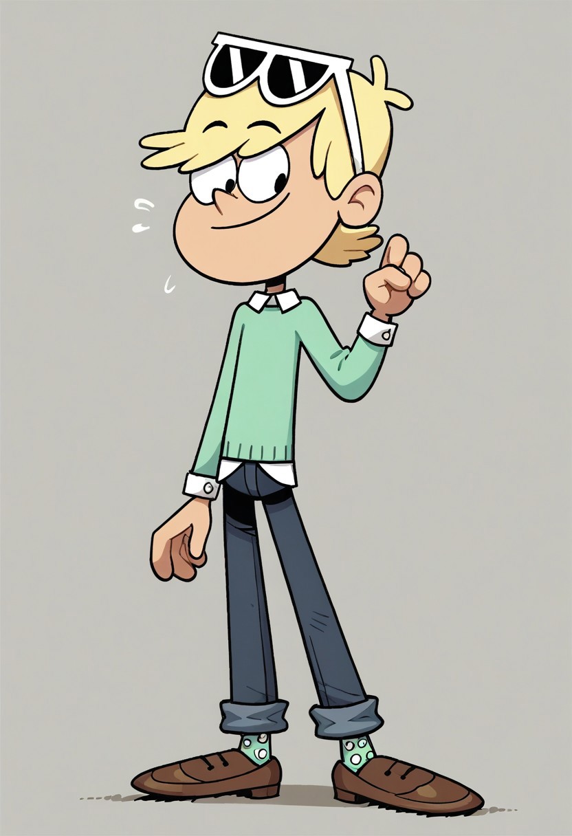 (score_9 | score_8_up | score_7_up) ((masterpiece:1))(best quality,very high quality,ultra detailed:1.2) (2D,cartoon style,anime style)(Smooth:2)(clean blurring) (four fingers on each hand,one thumb on each hand:1), Loni loud, solo, 1boy, Blonde hair, short Blonde hair, light Green silk sweater with a white long-sleeved shirt underneath, dark blue jeans, sunglasses, light Green socks with white spots, Brown dress shoes
