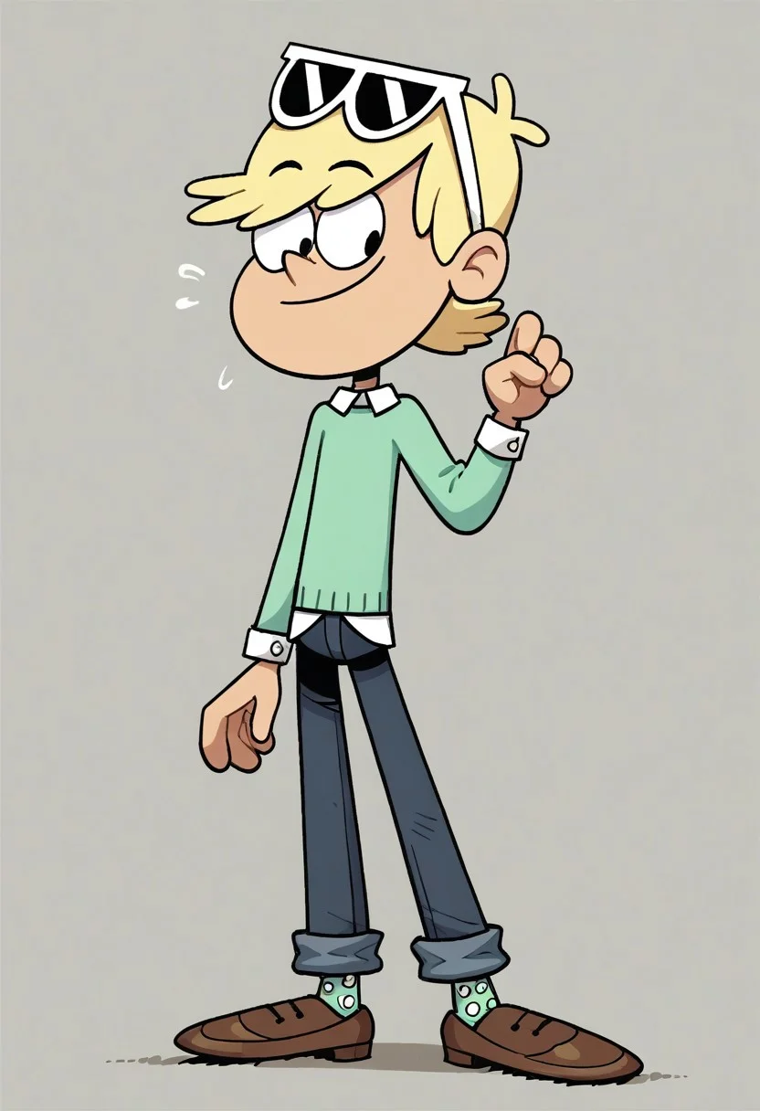 (score_9 | score_8_up | score_7_up) ((masterpiece:1))(best quality,very high quality,ultra detailed:1.2) (2D,cartoon style,anime style)(Smooth:2)(clean blurring) (four fingers on each hand,one thumb on each hand:1), Loni loud, solo, 1boy, Blonde hair, short Blonde hair, light Green silk sweater with a white long-sleeved shirt underneath, dark blue jeans, sunglasses, light Green socks with white spots, Brown dress shoes