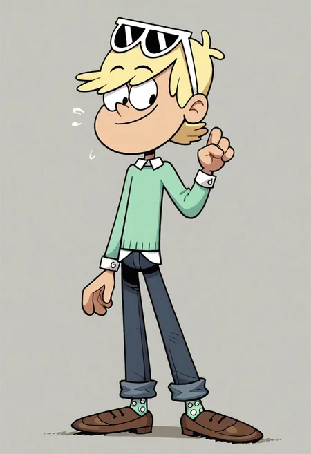 (score_9 | score_8_up | score_7_up) ((masterpiece:1))(best quality,very high quality,ultra detailed:1.2) (2D,cartoon style,anime style)(Smooth:2)(clean blurring) (four fingers on each hand,one thumb on each hand:1), Loni loud, solo, 1boy, Blonde hair, short Blonde hair, light Green silk sweater with a white long-sleeved shirt underneath, dark blue jeans, sunglasses, light Green socks with white spots, Brown dress shoes