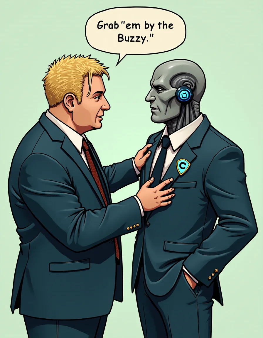 Digital illustration of two futuristic male looking cyborgs wearing suits having a conversation. One of the cyborg has a bunch of glowing LEDs on its forehead that resemble a blonde hair forelock he is fat, the other cyborg has a exagon shaped pin with a blue "C" inside. One cyborg is talking to the other while grabbing his shoulder. A speech bubble coming from the blond cyborg says: 'Grab 'em by the Buzzy.'
