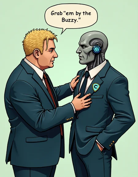 Digital illustration of two futuristic male looking cyborgs wearing suits having a conversation. One of the cyborg has a bunch of glowing LEDs on its forehead that resemble a blonde hair forelock he is fat, the other cyborg has a exagon shaped pin with a blue "C" inside. One cyborg is talking to the other while grabbing his shoulder. A speech bubble coming from the blond cyborg says: 'Grab 'em by the Buzzy.'