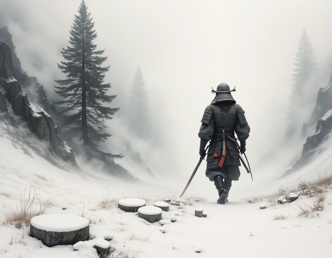 samurai with his katana pointing into the fog wandering through snow, minimalist black and white masterwork, epic scenery, the sword had a slightly red shimmer on it, uncanny and mysterious, view from behind, chiaroscuro style, watercolor and ink