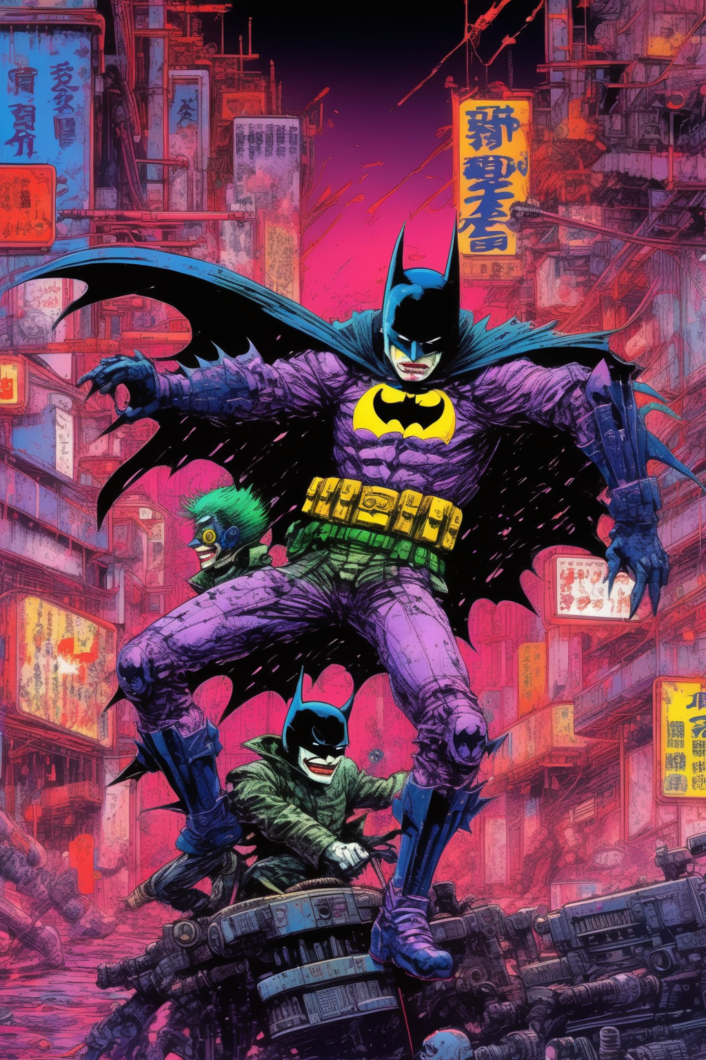 <lora:Liam Wong Style:1>Liam Wong Style - An action-packed scene of Batman fighting The Joker in a cyberpunk cityscape, with a gritty, neon-lit aesthetic. Highly detailed with sharp lines and bold colors, reminiscent of Japanese anime. Art by Masamune Shirow and Katsuhiro Otomo.