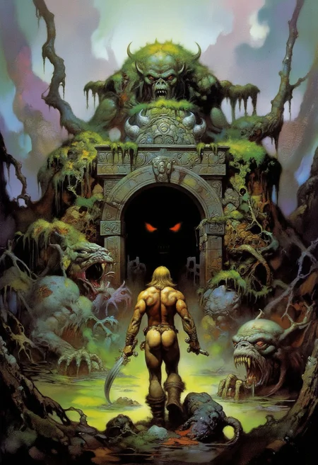 Comic book style 8k high quality digital painting, Boris Vallejo style, retro artstyle, score_9, score_8_up, score_9_up, very detailed, ultra realistic, (best quality) full body, very detailed masterpiece, RetroSci style, an ancient warrior is entering a forgotten big temple, sword in his hand, very muscular, loingloth, overgrown stone walls, moss, swamp, flesh eating plants, demonic stone statues at the temple entrance also overgrown, the entrance is black only a pair of red glowing demon's eyes are visible, foggy, fantasy, surrealism, dreamscape, dramatic illumination, and dynamic lighting, full body