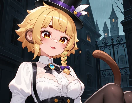 1girl, solo, <lora:BananaJuju_v2:0.8> bananajuju, short hair, symbol in eye, side braid, blunt bangs, freckles, monkey ears, monkey tail, skin fang, blunt bangs, blonde hair, medium breasts,
aristocrat fashion, high collar dress, corset, lace blouse, black pantyhose, ankle boots, top hat, brooch, (upper body shot), detailed face, located in a horrifying scene at a creepy mansion during late evening with rainy weather, illuminated by eerie glow, creating a creepy,terrifying atmosphere
