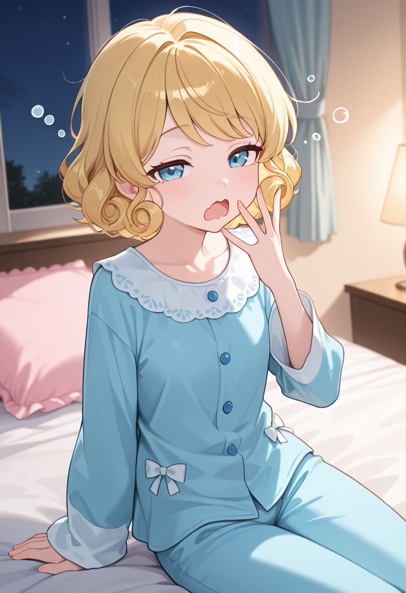 1girl,solo,<lora:licail:0.9>,licappn,blue eyes,blonde hair,short hair,bow,blue pajamas,waist_bow,buttons,curly_hair,looking_at_viewer,cowboy_shot,bedroom,masterpiece,best quality,good quality,newest,incredibly absurdres,yawning,sleepy,squeans,open mouth,wavy_mouth,sitting,night,