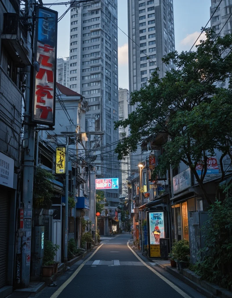 <lora:citybkgv2:1> citybkg, cyberpunk, evening, sun shades, very detailed, very narrow street, futuristic, ground view, high buildings in the background, billboard on trees, signs, shop, kanji, illuminated, neon street marking, city lights, houses, vegetation,
