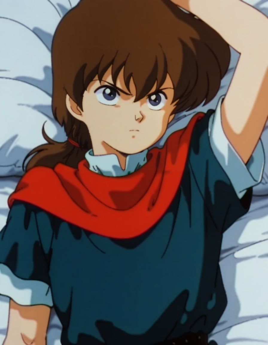 masterpiece, best quality, upper body, 1boy, male focus, solo, lying on bed, on back, serious, sprawled, 
<lora:Robin:1>, robinn, long hair, bangs, brown hair, low ponytail, male focus, retro artstyle, blue eyes, short-sleeves, red scarf,