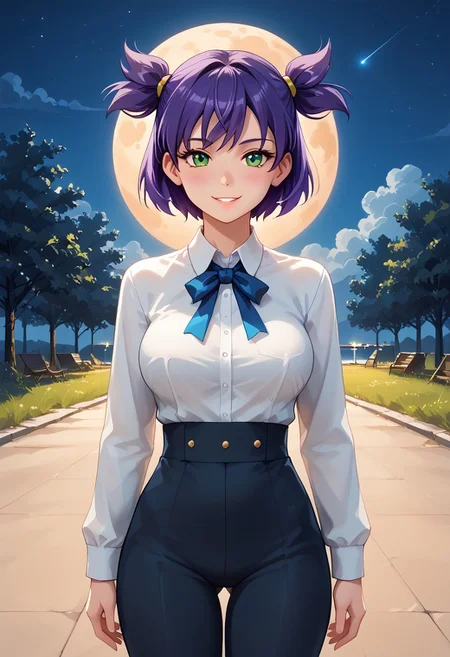 score_9, score_8_up, score_7_up, lena, purple hair, green eyes, short hair, short twintails, twintails, two side up, bangs, solo, dynamic view, outside, night, beautiiful stars and moon, wind, amazing background, volumetric lighting, vivid colours, Expressiveh, glowing, flirty face, wide hips, big breasts, flirty, horny, slutty, blush, slutty smile,