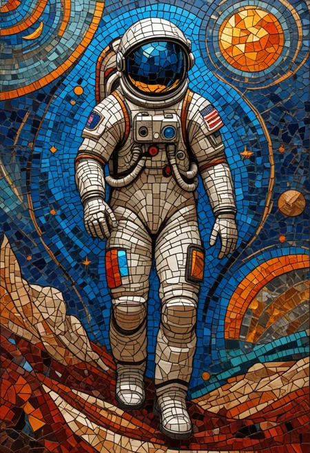 (expressionism, abstract, patchwork, stained glass, mosaic) of a astronaut on planet mars, intricate details, masterpiece, best quality, very aesthetic