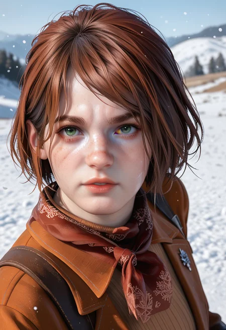 score_9, score_8_up, score_7_up, score_6_up
<lora:TLOU2Ellie:0.8>
TLOU2Ellie, <lora:RE4RAshley:0.8>
RE4Ashley, 1girl, red hair, short haircut, bob haircut, green eyes, looking at viewer, cute face, pretty face, beautiful face, top view, angry expression, teeth grinding, cowboy uniform, looking at viewer, standing in a field, snow falling, cold weather,