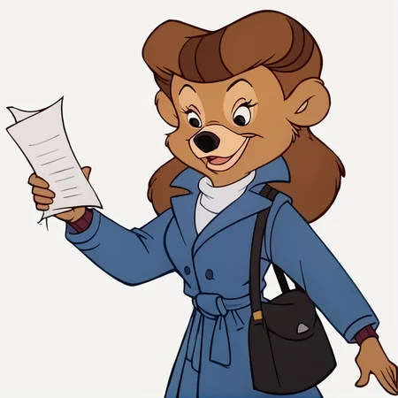 score_9, score_8_up, score_7_up, score_6_up, score_5_up, score_4_up, BREAK, <lora:rebecca_cunningham:1>,rebecca cunningham , solo, smile, open mouth, simple background, white background, holding, animal ears, bag, coat, furry, paper, blue coat, holding paper, bear girl, brown fur, brown hair, body fur, furry girl