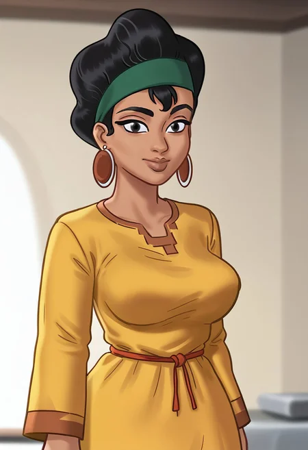 Chicha, black hair, high hair, one tuft sticks on her forehead, green headband, large round copper earrings,olive skin,black eyes, yellow dress, Drawn in the style of Summertime Saga