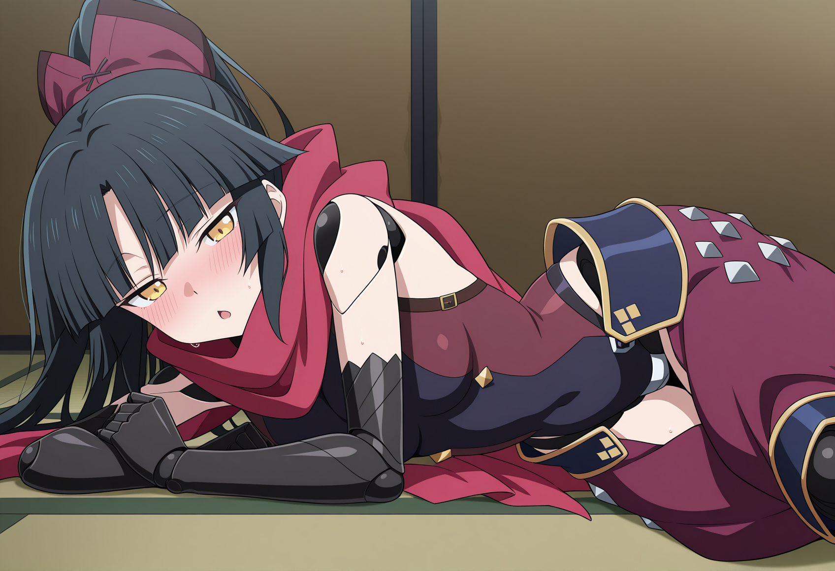 anime screencap, anime screenshot, anime coloring, lying, on side, aroused, blush, chestnut mouth, half-closed eyes, indoors, tatami, 1girl, black hair, long hair, hime cut, yellow eyes, robot joints, humanoid robot, mechanical arms, mechanical legs, scarf, leotard, bare shoulders, ponytail, ribbon, chaps  <lora:kato_danzo:1>, masterpiece, best quality, amazing quality, very aesthetic, absurdres, highres, newest