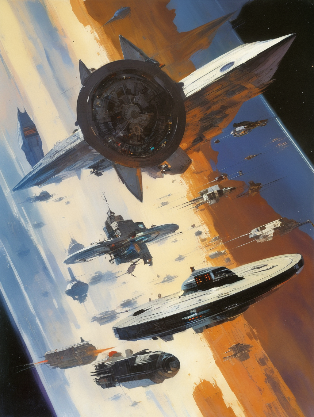 <lora:John Berkey Style:1>John Berkey Style - battle scene between sleek modern fighter in john harris spaceship style, and a wheel style space station in style of robert McCall1970s