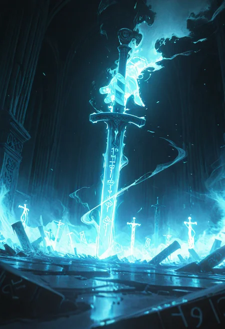 dynamic angle, unusual angle, dynamic, dynamic composition, single sword, runic engraving, runes, sould of the damned,
In the dim, flickering light, a shadowy figure emerges, its presence cloaked in an air of mystery. Slowly, it reaches out toward the hilt of the shattered runic sword, its movements deliberate yet hesitant. The ancient engravings on the hilt begin to pulse faintly, glowing like a dying ember, their light casting eerie shadows across the figure’s outstretched hand. The closer it gets, the air grows colder, heavy with an otherworldly presence. From the jagged break in the blade, spectral wisps begin to unfurl, curling and twisting like smoke, their forms coalescing into ghostly faces etched with agony. Whispers fill the air—soft at first, but rising into a cacophony of tormented wails. The figure’s hand trembles as its fingers hover just above the hilt, as though sensing the weight of the cursed power it is about to claim. Finally, with a sharp intake of breath, the hand closes around the sword. The runes ignite with a blinding light, and the escaping souls recoil, writhing in both fear and fury.