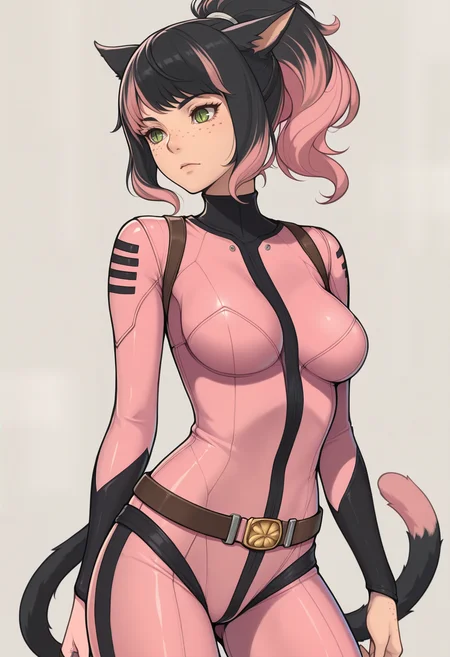 masterpiece, best quality, solo, 1girl, <lora:clamchan_illu:1> animal ears, black hair, pink hair, multicolored hair, ponytail, green eyes, slit pupils, freckles, cat tail, <lora:edgSBYbodysuitILS:0.8> wearing edgsby_(bodysuit), pink bodysuit, belt