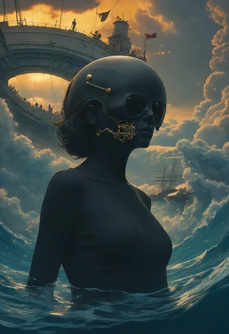 front portrait Photography, art by Sergio Lopez ,  Japanese animation, Skeletal survivors, photography, natural lighting, volumetric lighting maximalist. intricately detailed, complex, elegant,  most of the picture shows water,  trending on ArtStation,   whimsy and mystery, masterpiece, retro style, a pop Courreges 2 attractive air hostess with large sunglasses mask, 80 degree view, James Jean and Salvador Dali, 
Twilight has spilled the ink,  scary, in a dark room, 8k scenery, watercraft, cloud, sky, ship, 
The traffic stops,