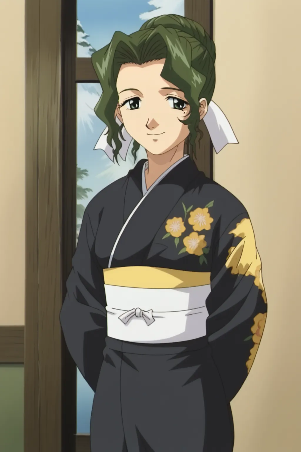 score_9, best, masterpiece, uncensored, fake screenshot, anime still, 
1girl, solo, 1990s (style), retro artstyle, 
GekkaBijinItouRin, single mole under left eye, smile,
hands behind back, 
(BlackKimonoOutfit:1.9), black kimono, asymmetrical bangs, 
  (yellow print kimono:1.5),
<lora:GekkaBijinItouRin_V8:1>
--pin-shared-memory
--cuda-malloc
--cuda-stream