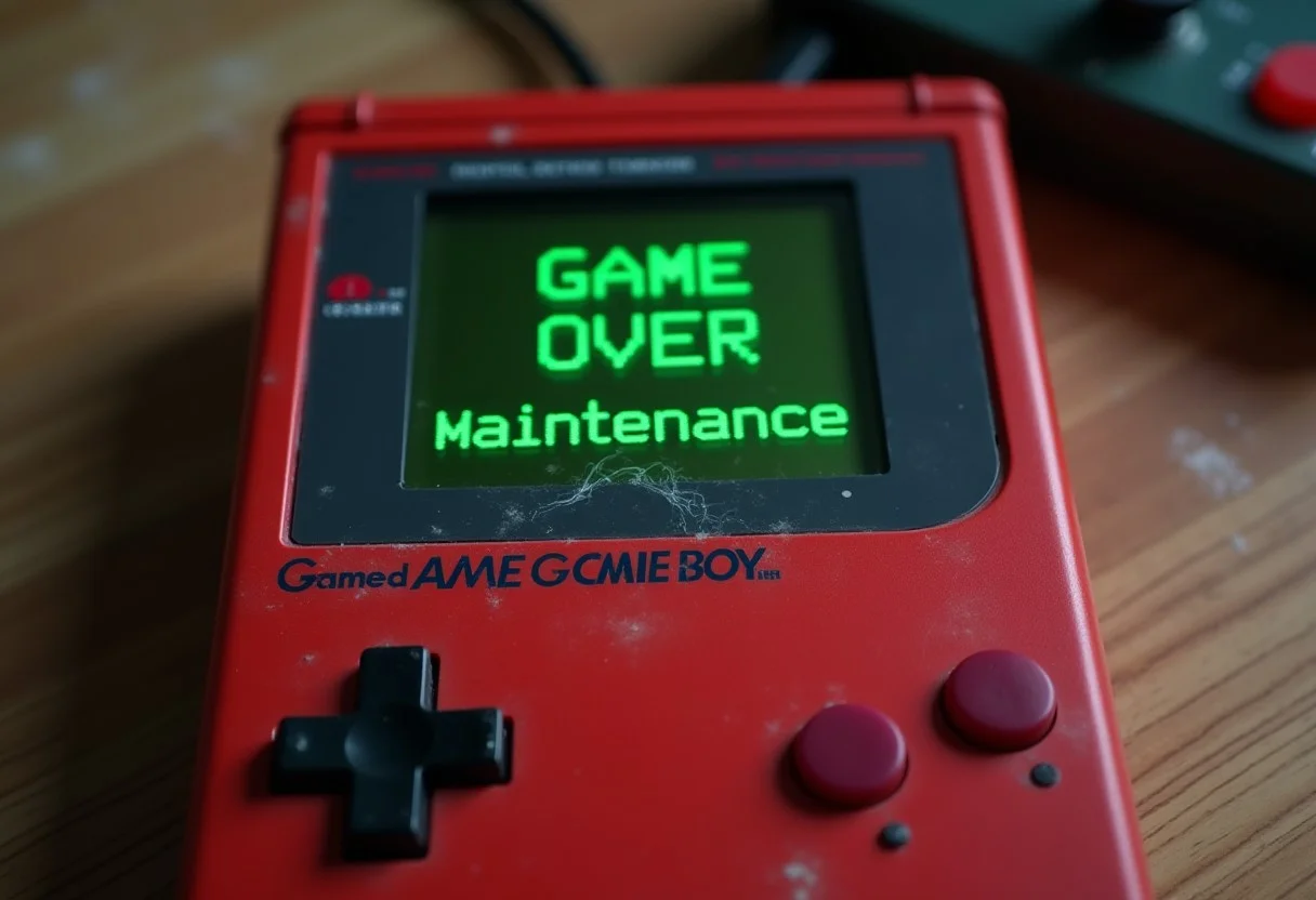 A red gameboy with a glitched 8-bit green and black screen. The game boy looks old with a few small cracks witha bit of smoke stemming from it. The game screen has game font "Game Over Maintenance" in the middle with a glitched computer border on the screen on the gameboy. background is a wooden desk with dust