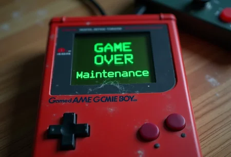 A red gameboy with a glitched 8-bit green and black screen. The game boy looks old with a few small cracks witha bit of smoke stemming from it. The game screen has game font "Game Over Maintenance" in the middle with a glitched computer border on the screen on the gameboy. background is a wooden desk with dust