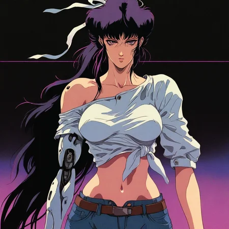 retro_cyberpunk, retro, retro artstyle, 1girl, solo, alone, upper body, mechanical arms, looking at the viewer, asymmetrical clothes, navel, purple eyes, very long hair, tied shirt, midriff, hair ribbon, single pantsleg, white shirt, ponytail, black hair, large breasts, jeans, white ribbon, brown belt, purple hair, asymmetrical legwear, masterpiece, highres