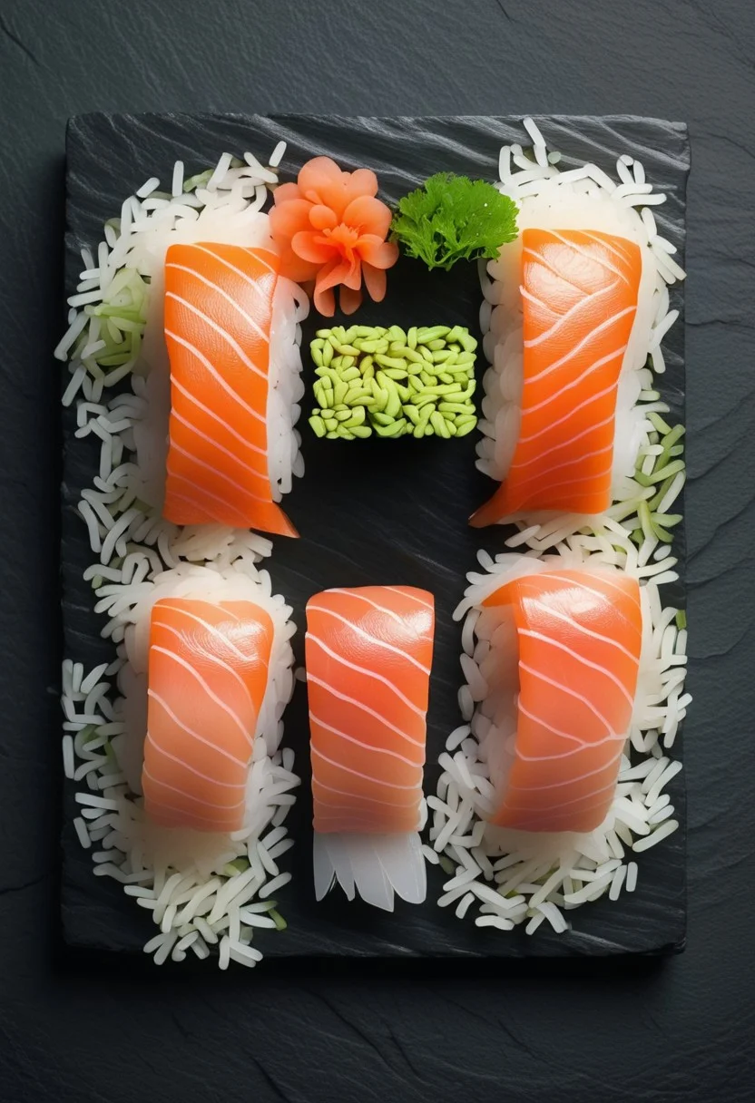 Minimalist Portrait of Sushi Nigiri, Vivid Salmon Pink and Pure Rice White, Set Against a Deep Slate Background, Edged by Soft Waves of Soy Sauce and Green Wasabi Accents, Clean and Precise Presentation Emphasizing the Beauty of Japanese Culinary Art