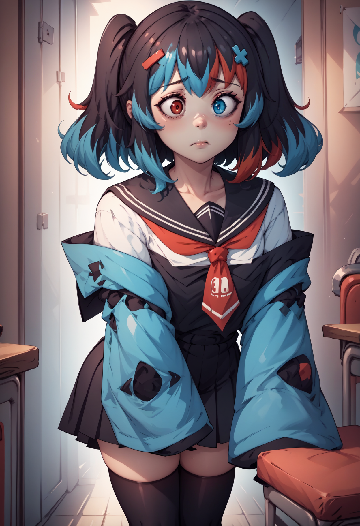 score_9, score_8_up, score_7_up, score_6_up, score_5_up, score_4_up, rating_questionable, BREAK, bent over, <lora:SwitchchanXLPD:.95> Switchchan, heterochromia, sailor collar, sleeves past wrists, sleeves past fingers, school uniform, shirt, serafuku, black thighhighs, worried <lora:mfcgXL:.5>