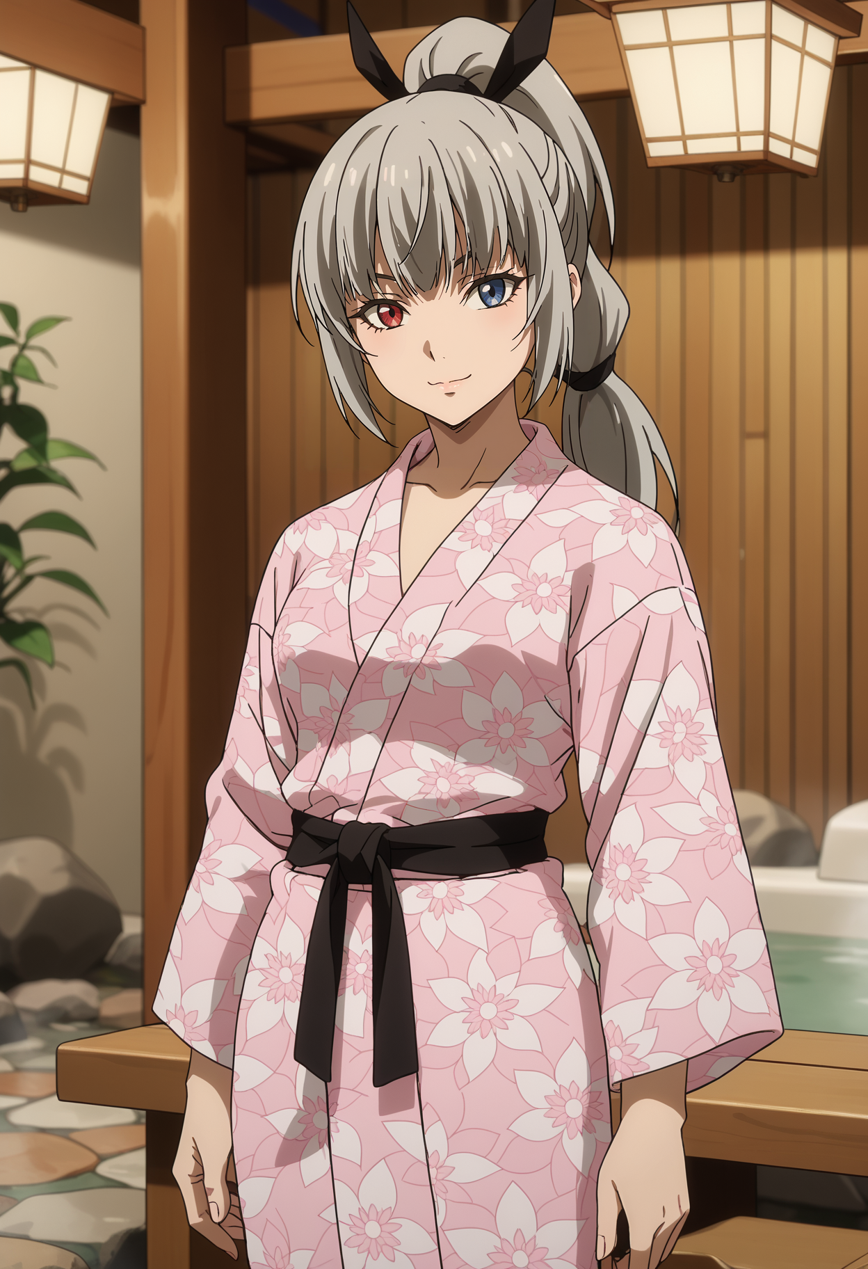 score_7_up, anime screencap,
<lora:TenSura_LuminousValentineXL:0.9>,
1girl, solo, closed mouth, light smile,
high ponytail, long hair, grey hair, heterochromia, red eyes, blue eyes, hair ribbon, black ribbon,
ValentineKimono, bath yukata, floral print, pink kimono, black sash,
standing, looking at viewer, cowboy shot,
blurry background, indoors, onsen